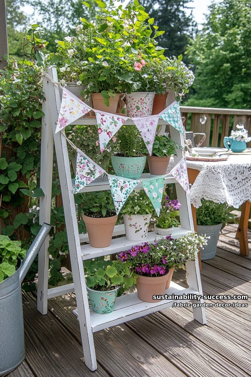 upcycled fabric bunting woven through vintage ladder plant stands 1