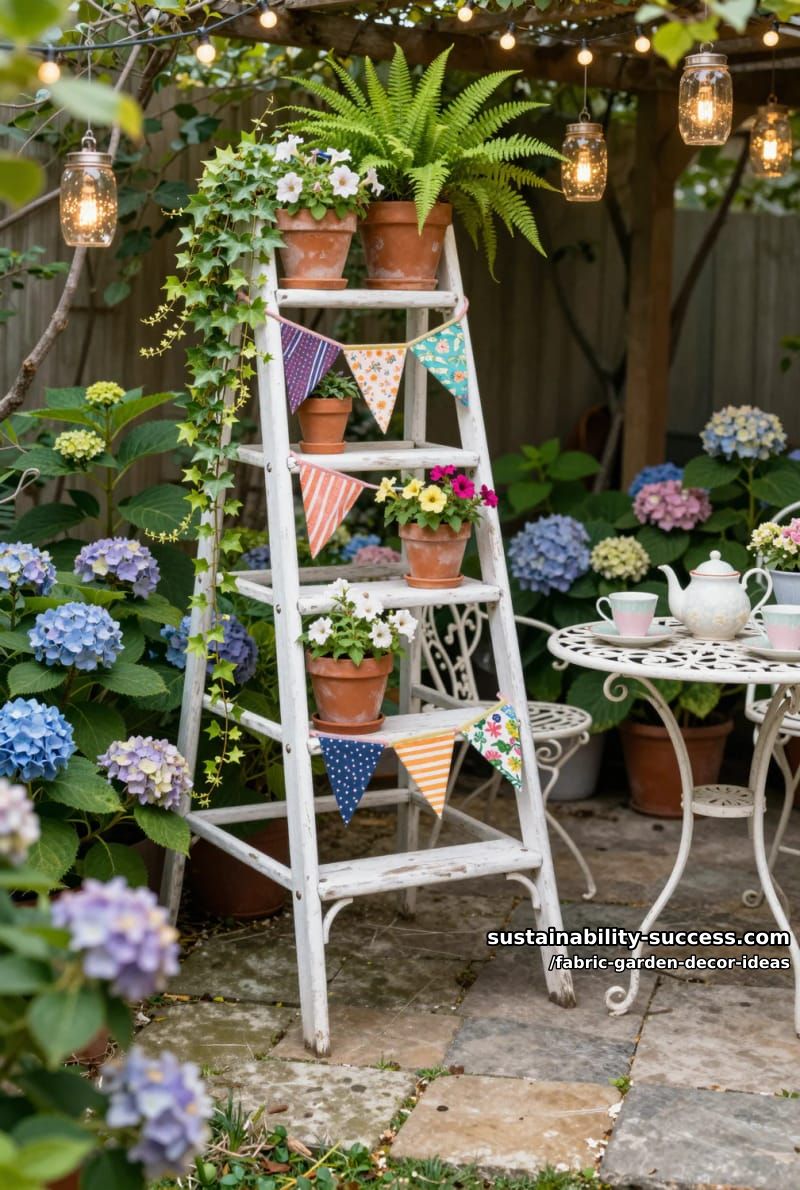 upcycled fabric bunting woven through vintage ladder plant stands 1