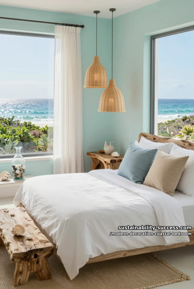 use natural woven light fixtures and driftwood-inspired bedside tables. 1