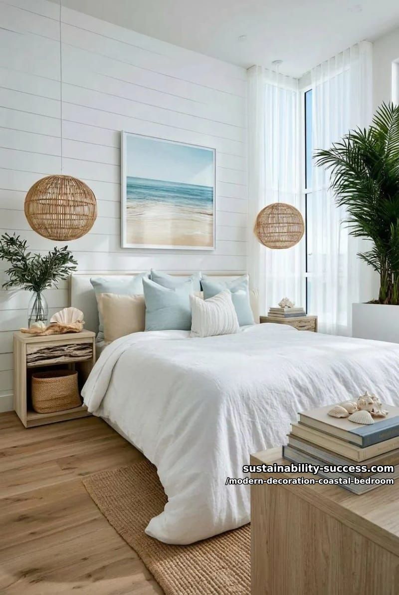 use natural woven light fixtures and driftwood-inspired bedside tables. 1
