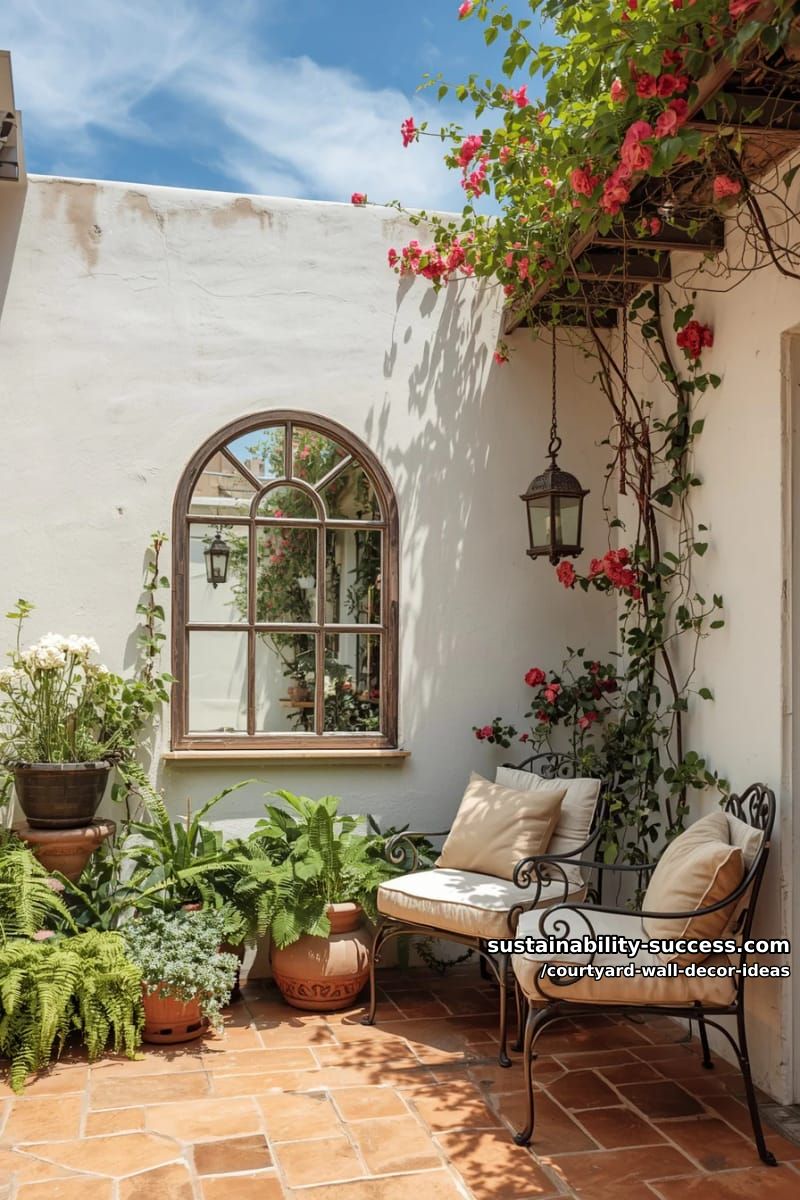 vintage arched window mirror surrounded by clusters of potted greenery 1