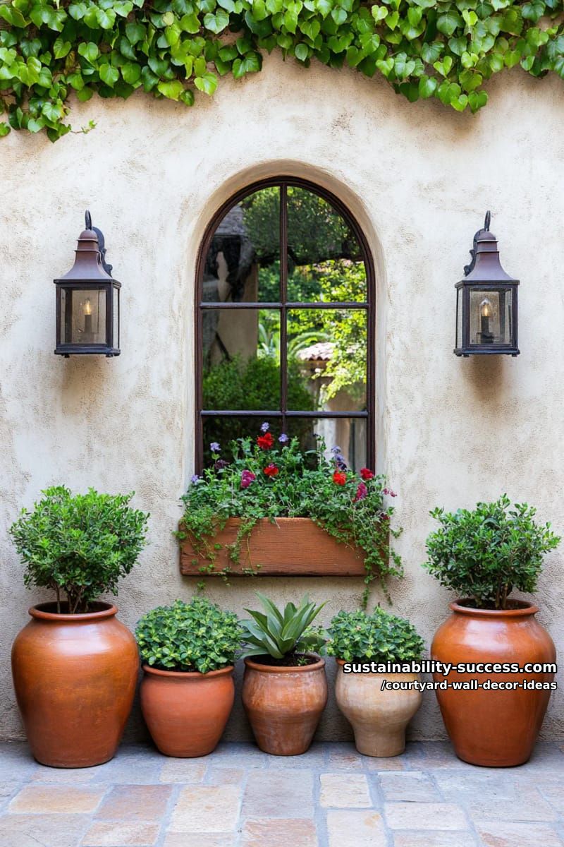vintage arched window mirror surrounded by clusters of potted greenery 1