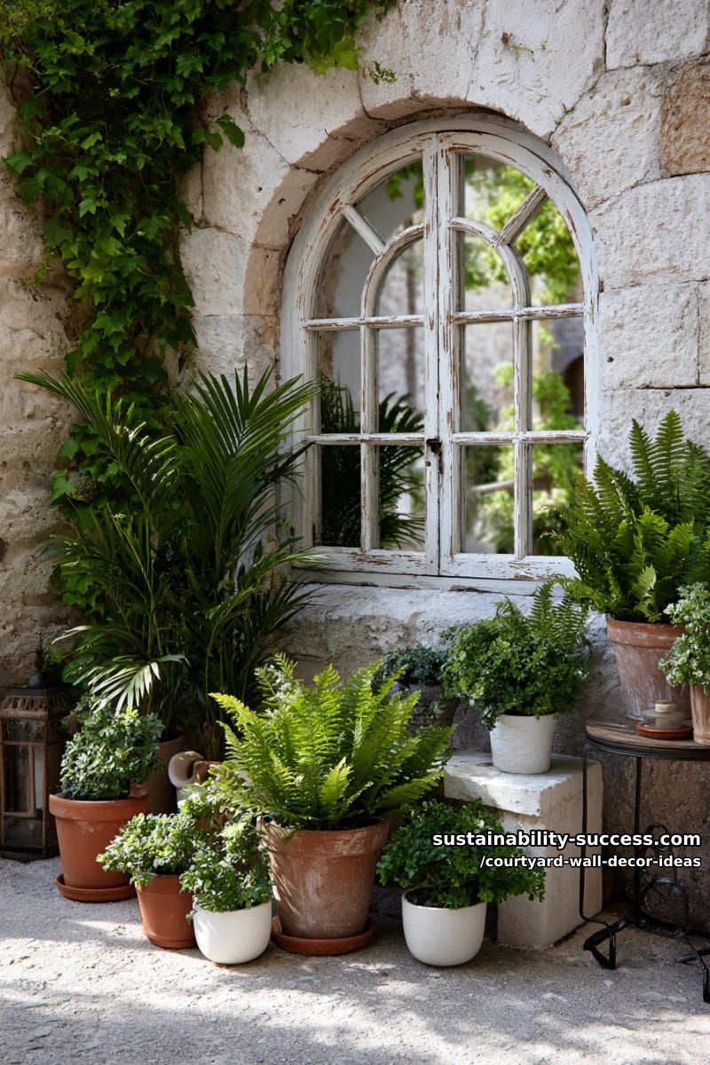 vintage arched window mirror surrounded by clusters of potted greenery 1