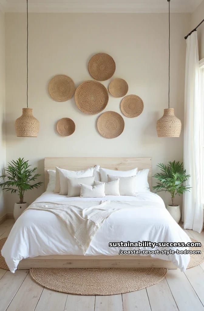 wall-mounted seagrass baskets as sculptural above-bed statement art. 1