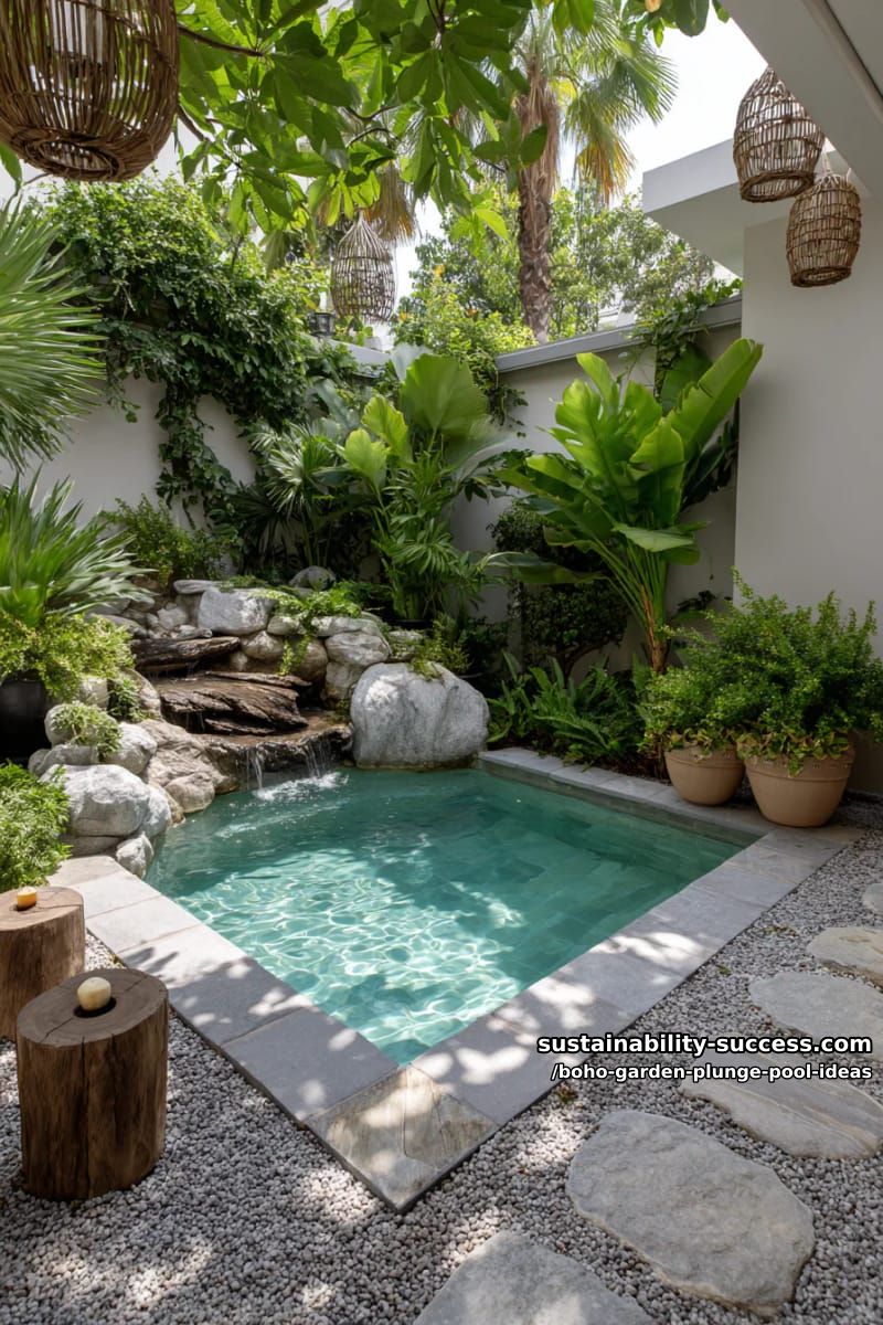 waterfall plunge pool with jungle plants and driftwood stepping stones 1