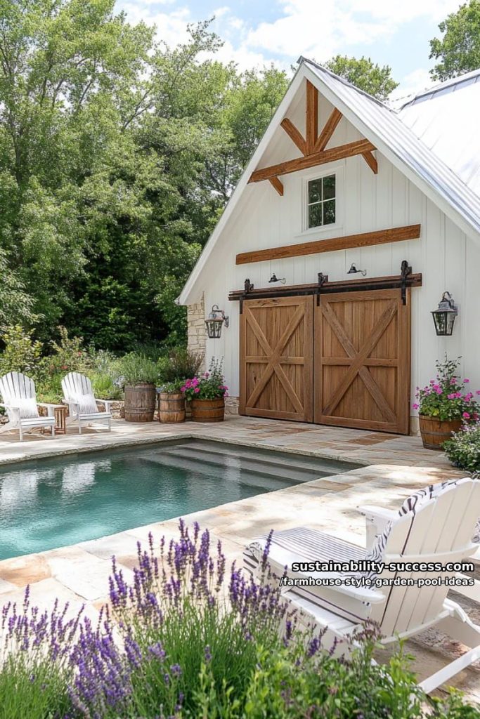 weathered barn-inspired pool house with sliding reclaimed wood doors 7
