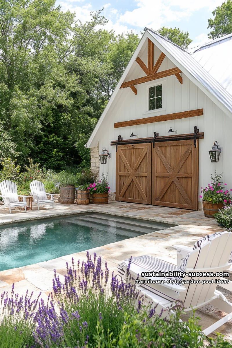 weathered barn-inspired pool house with sliding reclaimed wood doors 1