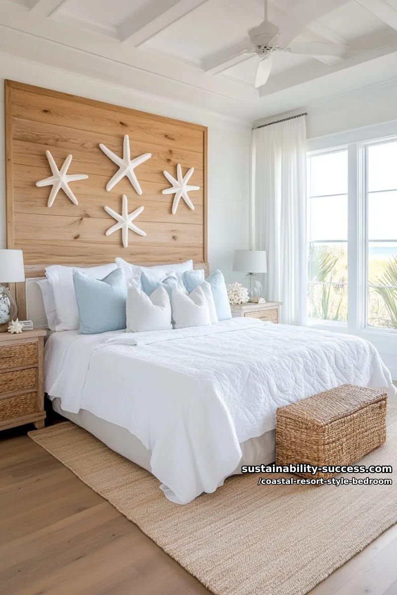 weathered wood accent wall behind the bed, adorned with starfish decor. 1