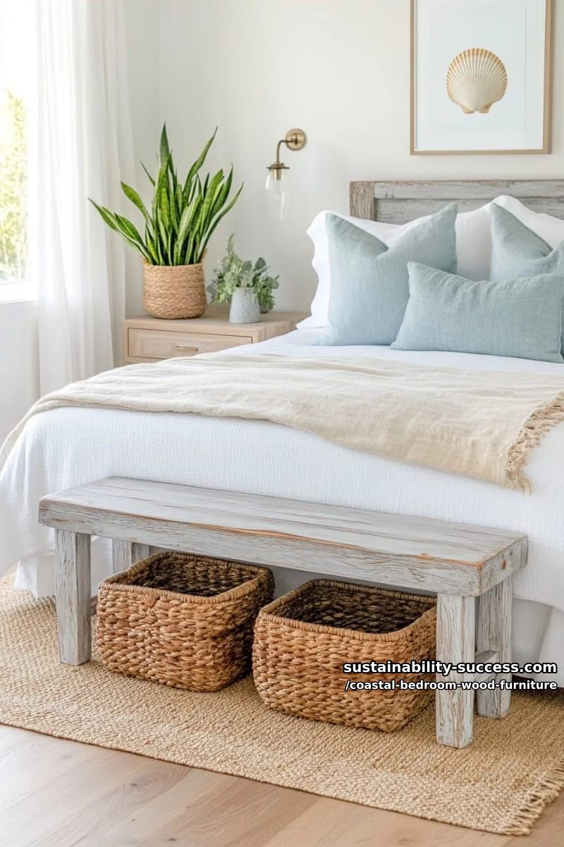 weathered wood bench at the bed’s end with woven baskets underneath 1
