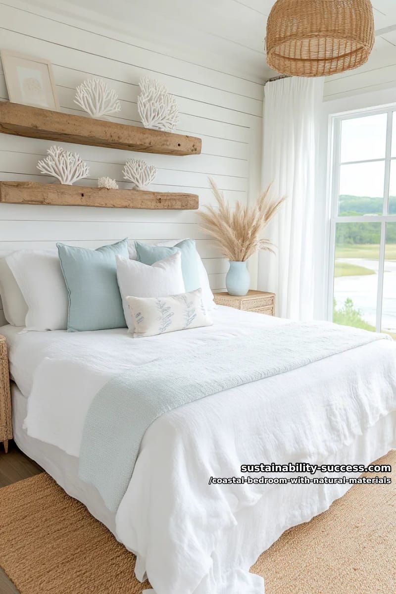 white shiplap walls and driftwood shelf displaying coral sculptures 1