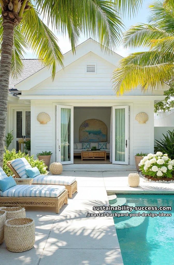 whitewashed pool house with shiplap walls and oversized shell decor 1