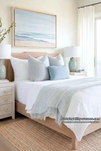 whitewashed wooden nightstands paired with ocean landscape art above 3