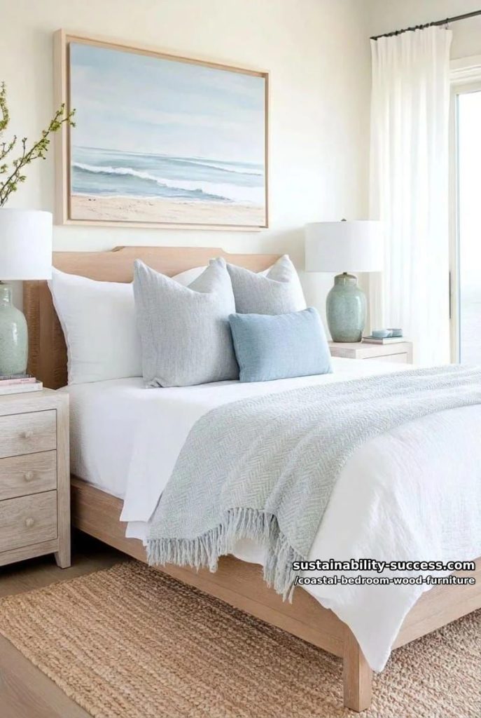 Sustainability Success 6 whitewashed wooden nightstands paired with ocean landscape art above 3