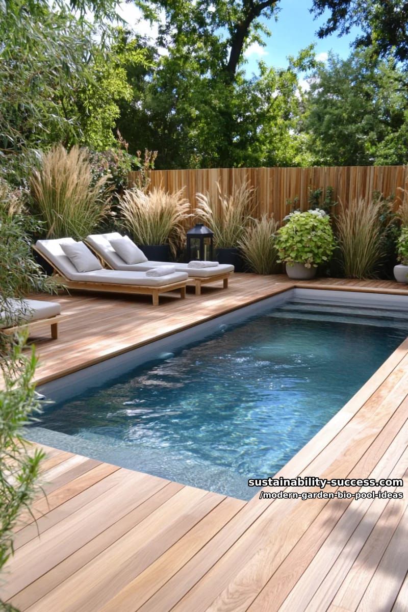 wooden deck with built-in sunbeds beside a minimalist bio pool 1