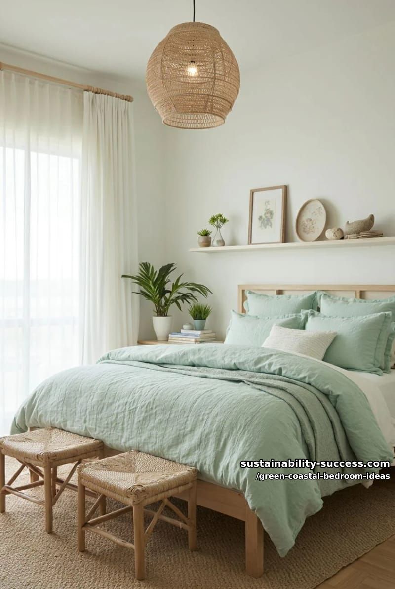 woven pendant lights over soft mint bedding and seagrass benches 1