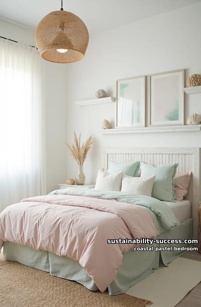 woven rattan pendant lamp over blush and mint layered bedding 1