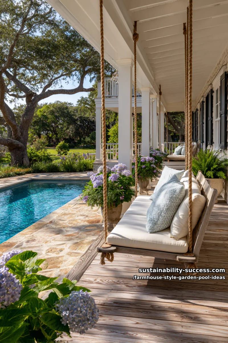 wraparound porch with hanging swings and views of the garden pool 1
