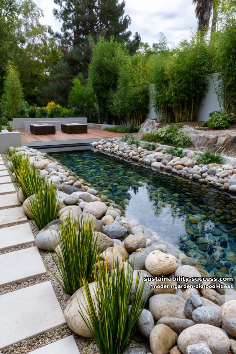 zen-inspired pool bordered by smooth river rocks and sculptural grasses 1