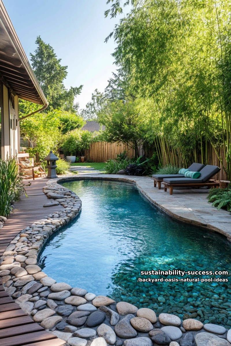 zen-inspired pool with bamboo fencing and smooth river pebbles underfoot 1