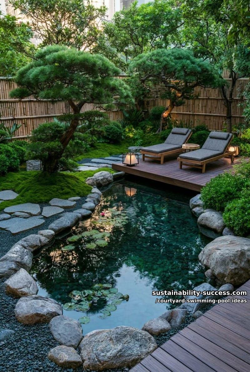 zen-inspired swimming pool with water lilies, river stones, and bamboo fence 1