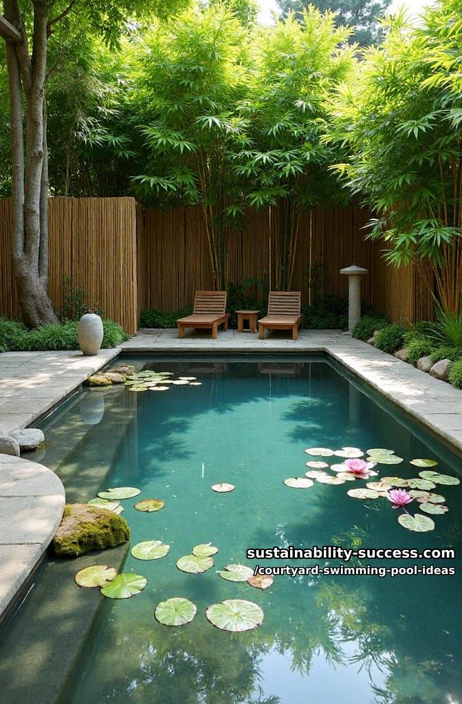 zen-inspired swimming pool with water lilies, river stones, and bamboo fence 1