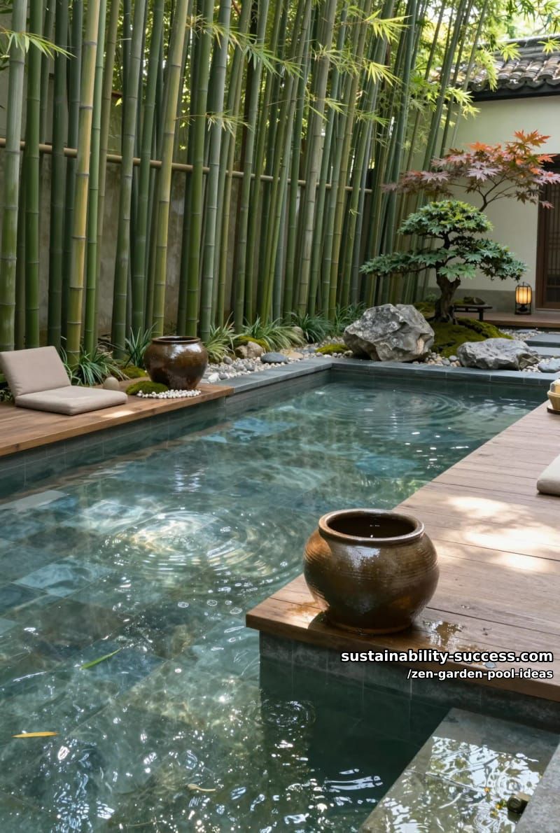 zen pool courtyard with bamboo fences and oversized ceramic urns 1