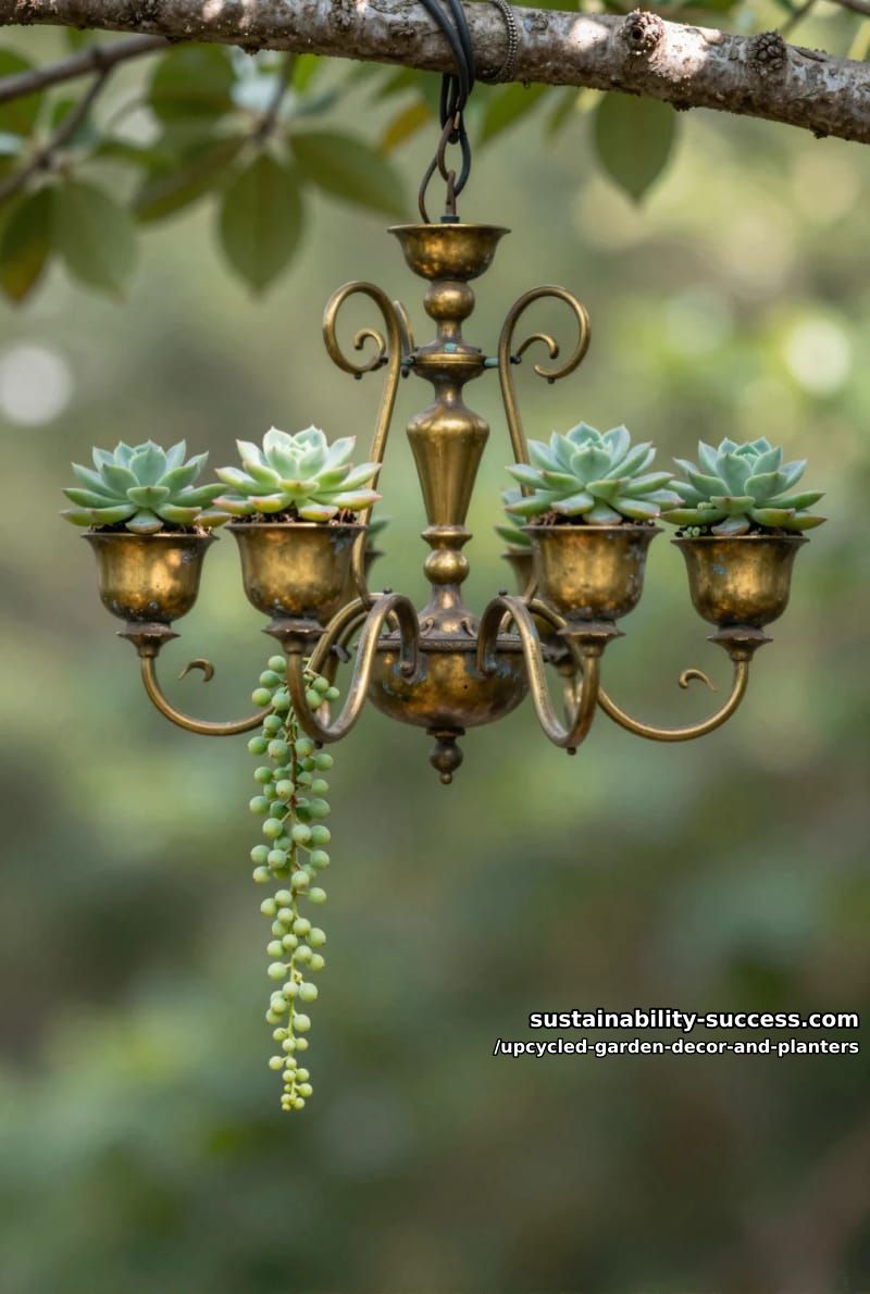 18 Upcycled Garden Decor and Planter Ideas, From Boot Planters to a Watering-Can Fountain 31 a chandelier reborn as a hanging succulent frame 1