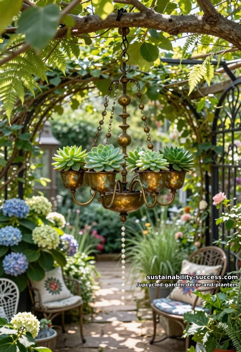 18 Upcycled Garden Decor and Planter Ideas, From Boot Planters to a Watering-Can Fountain 32 a chandelier reborn as a hanging succulent frame 1