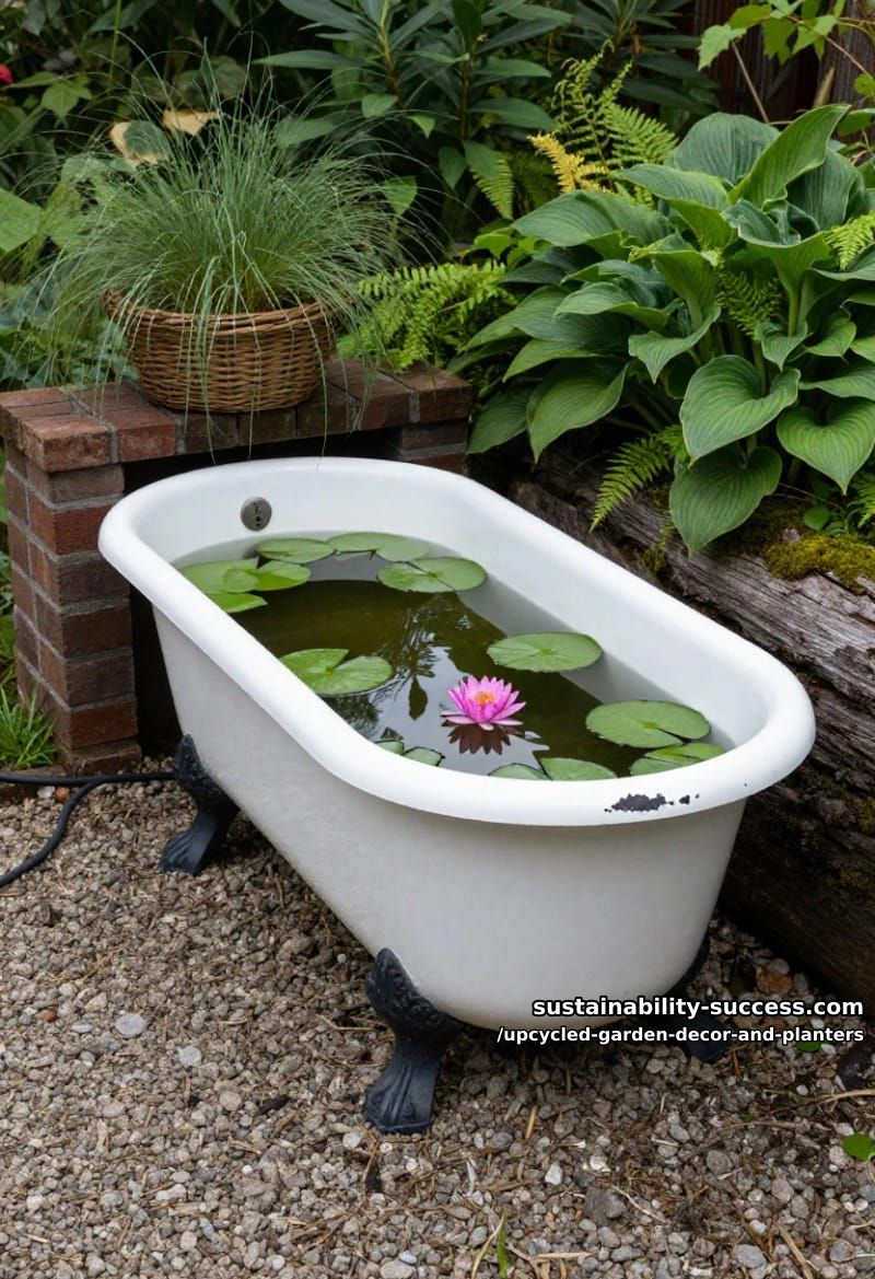18 Upcycled Garden Decor and Planter Ideas, From Boot Planters to a Watering-Can Fountain 21 a clawfoot tub or enamel sink as a planted pond 1