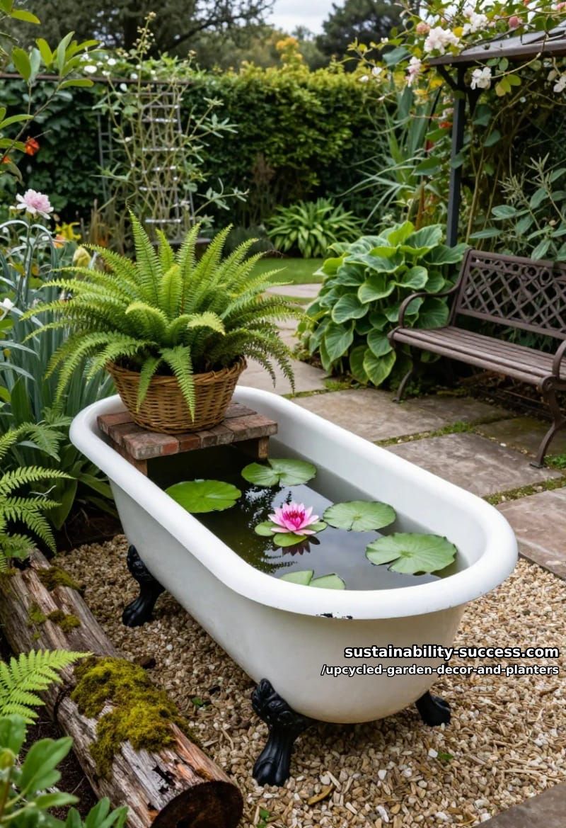 18 Upcycled Garden Decor and Planter Ideas, From Boot Planters to a Watering-Can Fountain 22 a clawfoot tub or enamel sink as a planted pond 1