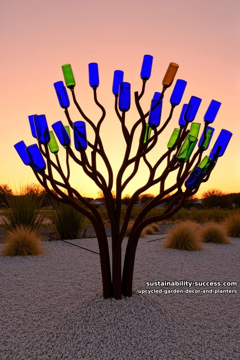 18 Upcycled Garden Decor and Planter Ideas, From Boot Planters to a Watering-Can Fountain 26 a cobalt wine-bottle bottle tree 1