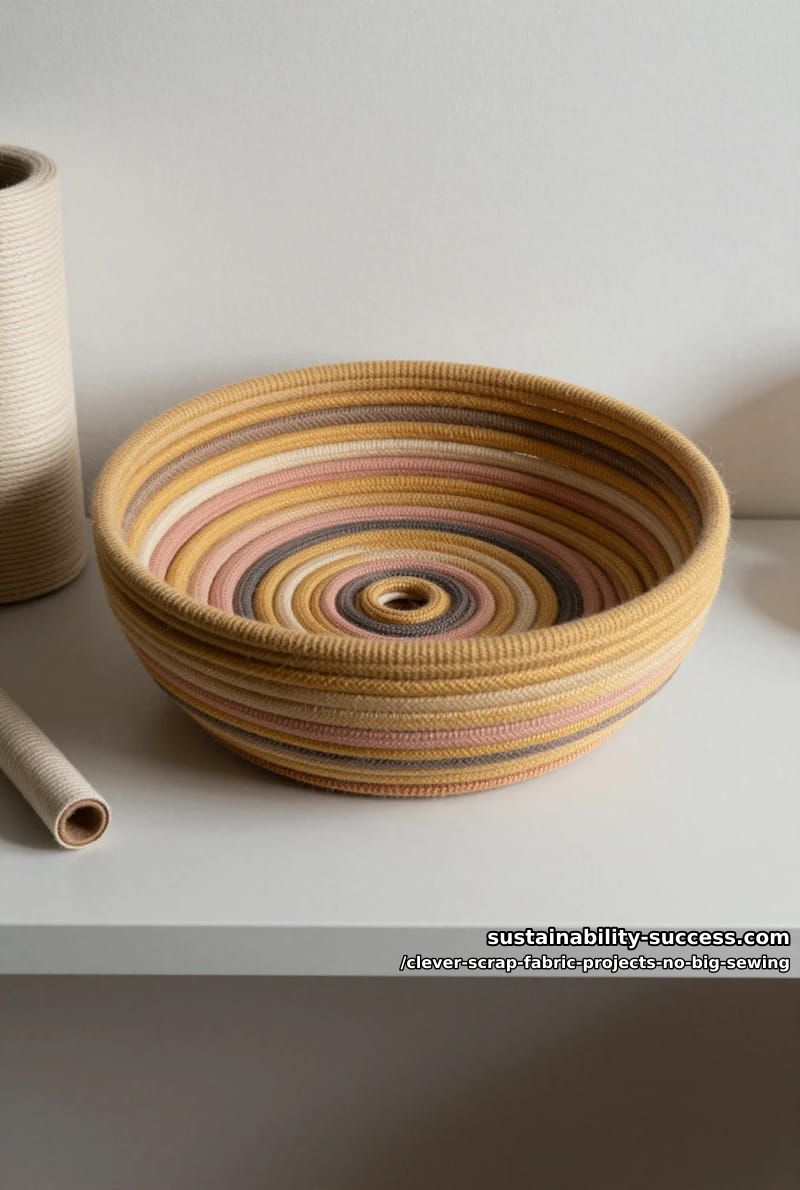 12 Clever Scrap Fabric Projects With Almost No Sewing 10 a coiled fabric bowl wrapped over cotton cord 1
