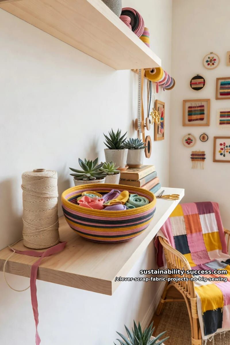 12 Clever Scrap Fabric Projects With Almost No Sewing 11 a coiled fabric bowl wrapped over cotton cord 1