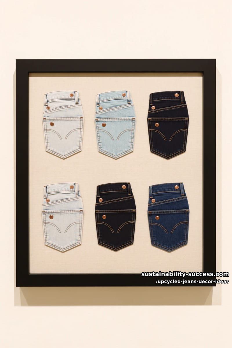 a framed denim pocket-and-seam wall collage 1