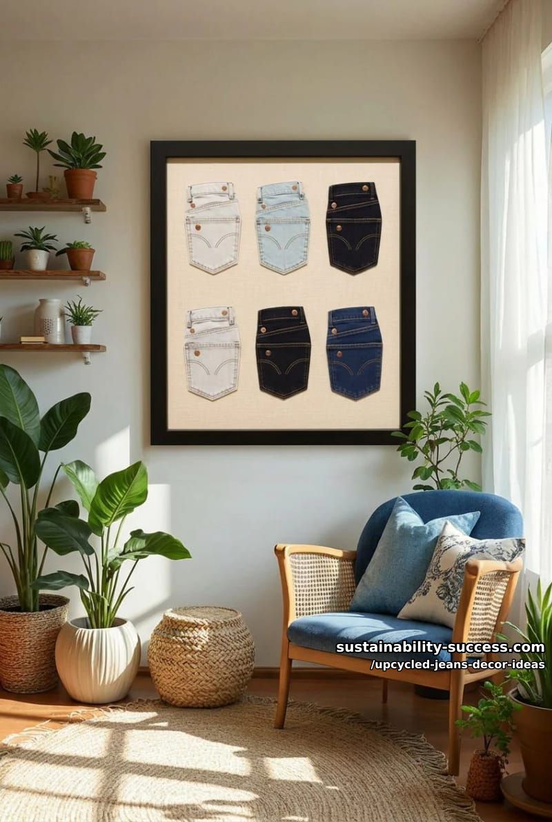 a framed denim pocket-and-seam wall collage 1