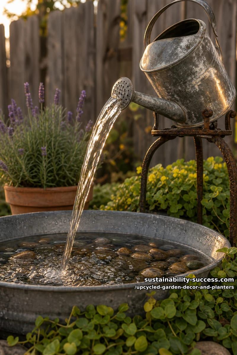 18 Upcycled Garden Decor and Planter Ideas, From Boot Planters to a Watering-Can Fountain 5 a galvanized watering can turned into a recirculating fountain 1