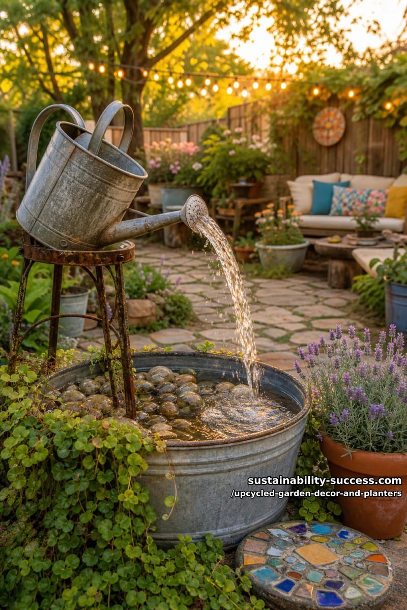 18 Upcycled Garden Decor and Planter Ideas, From Boot Planters to a Watering-Can Fountain 6 a galvanized watering can turned into a recirculating fountain 1