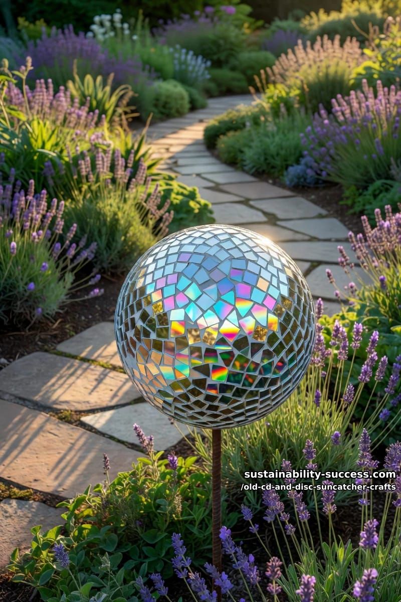 12 Disc Suncatcher Crafts From Old CDs You Were Going to Toss 20 a garden gazing globe wrapped in shards 1