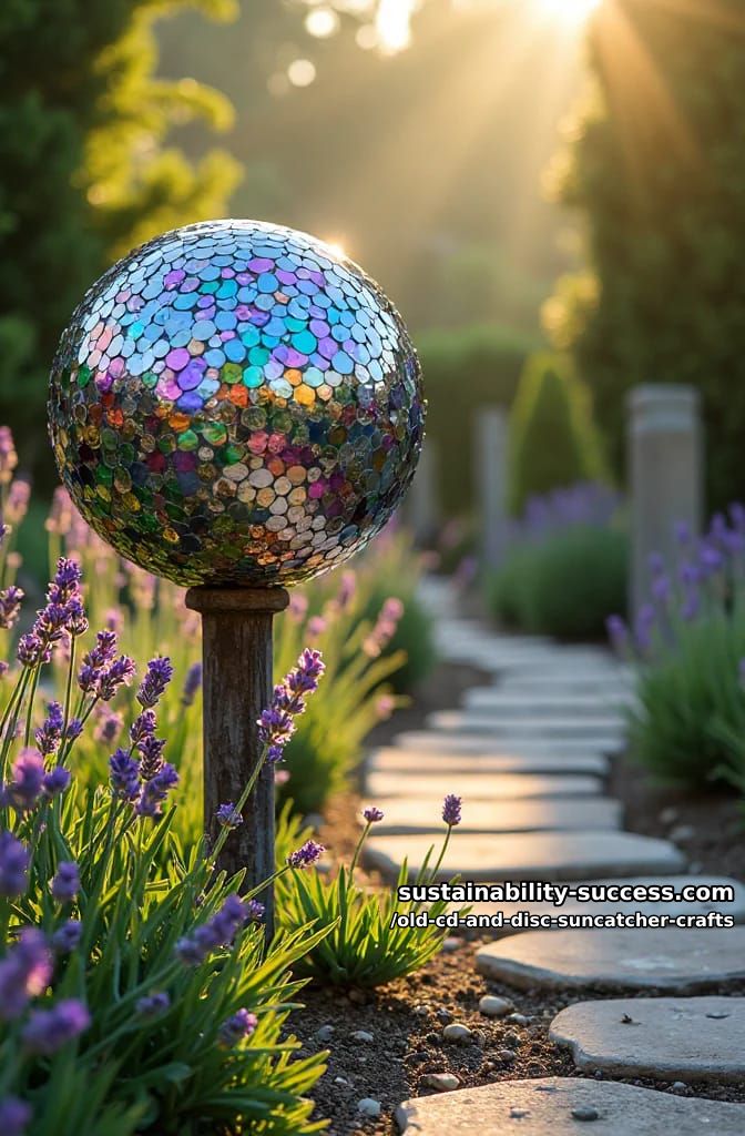 12 Disc Suncatcher Crafts From Old CDs You Were Going to Toss 21 a garden gazing globe wrapped in shards 1