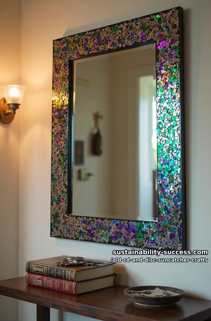 12 Disc Suncatcher Crafts From Old CDs You Were Going to Toss 22 a mosaic mirror frame for an entryway 1