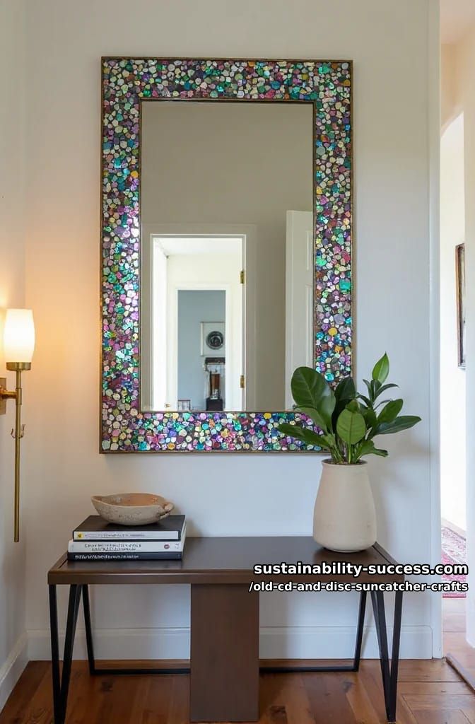 12 Disc Suncatcher Crafts From Old CDs You Were Going to Toss 23 a mosaic mirror frame for an entryway 1
