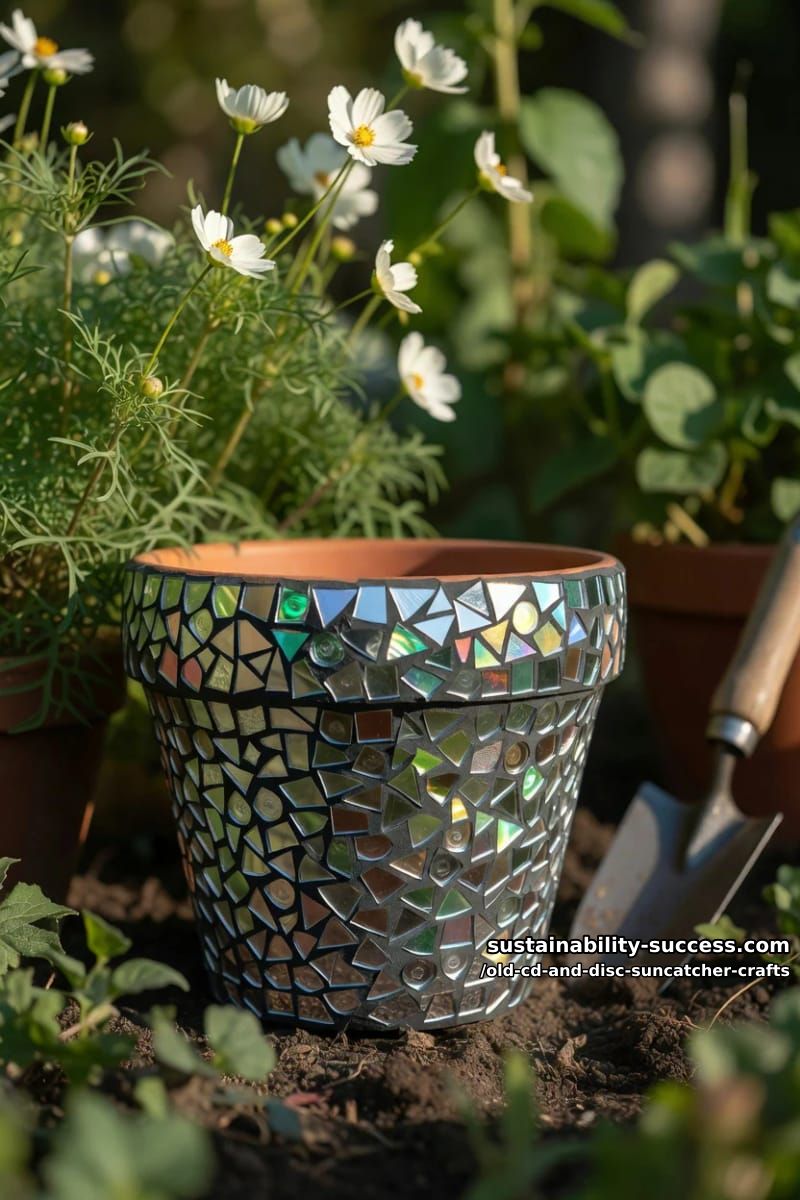 12 Disc Suncatcher Crafts From Old CDs You Were Going to Toss 13 a mosaic planter that flickers in the border 1