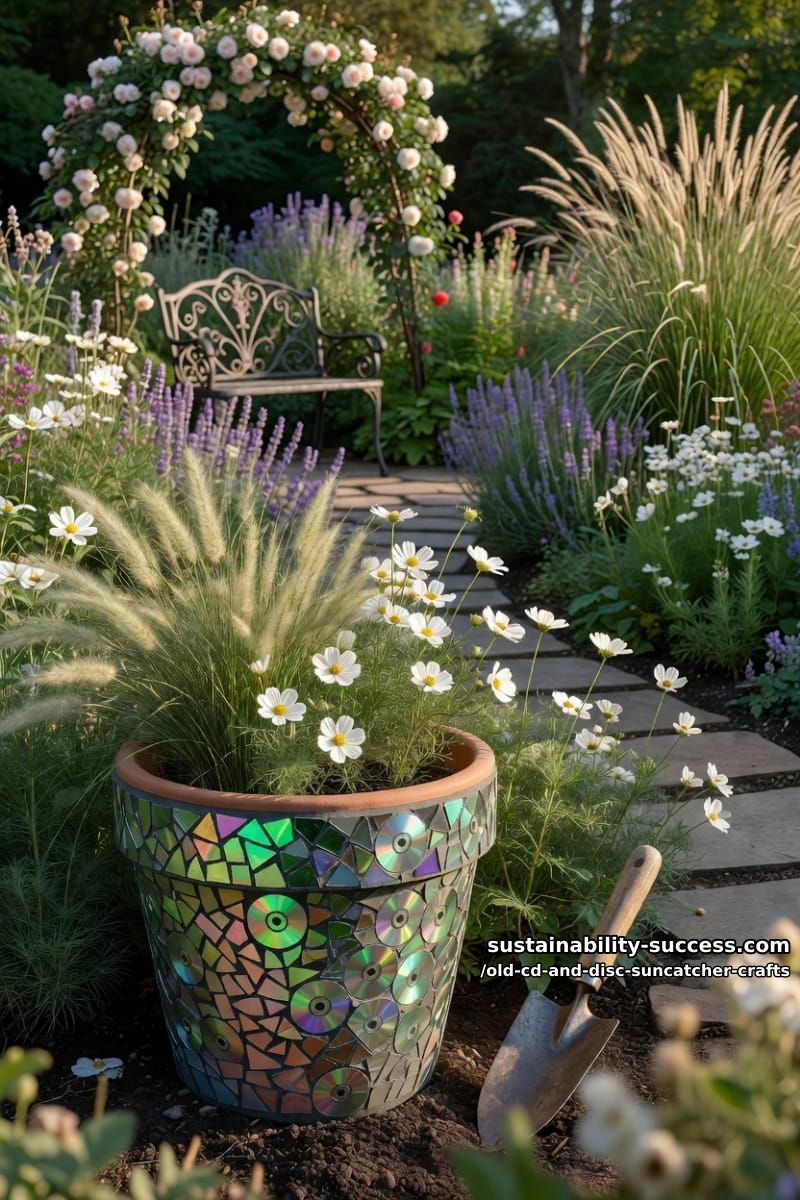 12 Disc Suncatcher Crafts From Old CDs You Were Going to Toss 14 a mosaic planter that flickers in the border 1