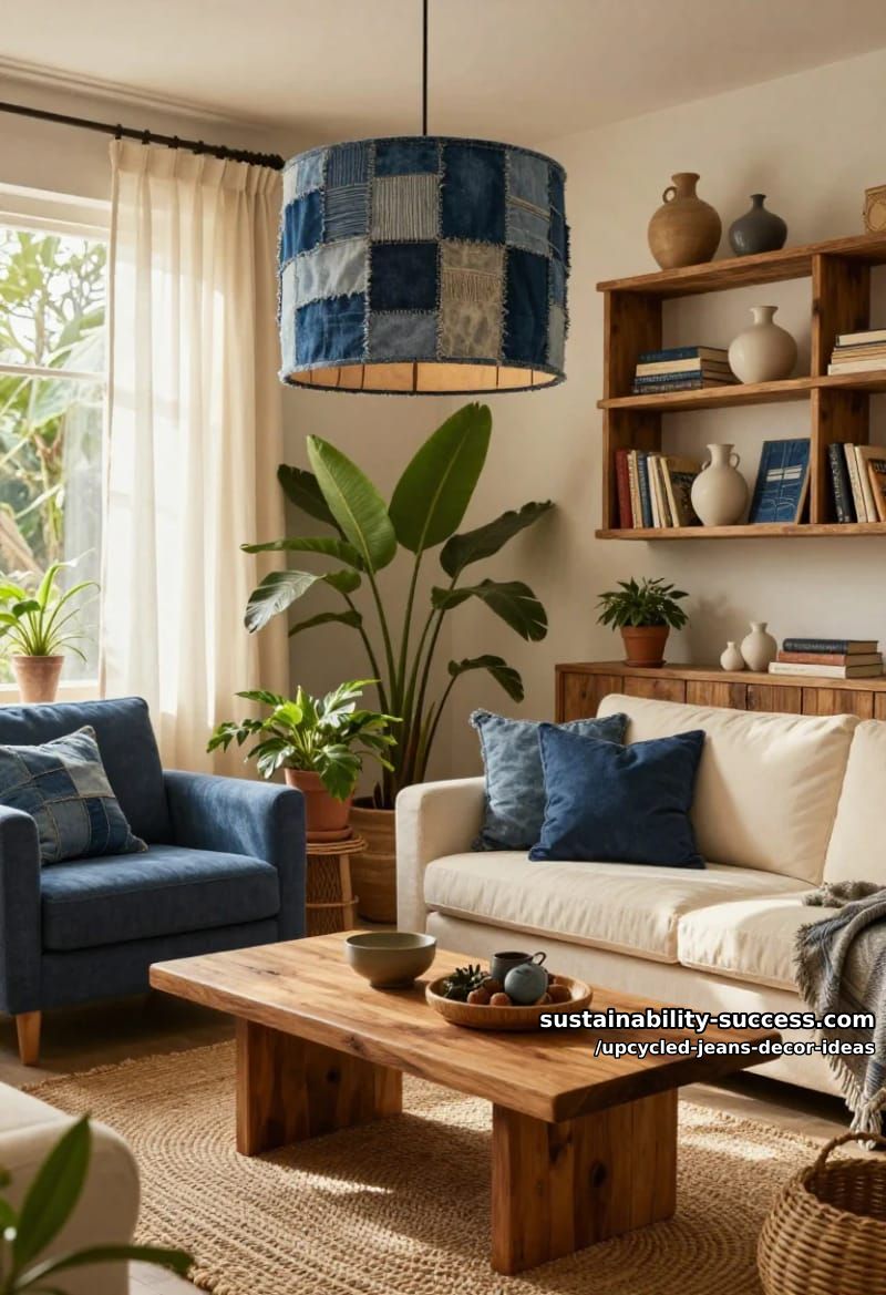 a pendant lampshade rewrapped in denim 1