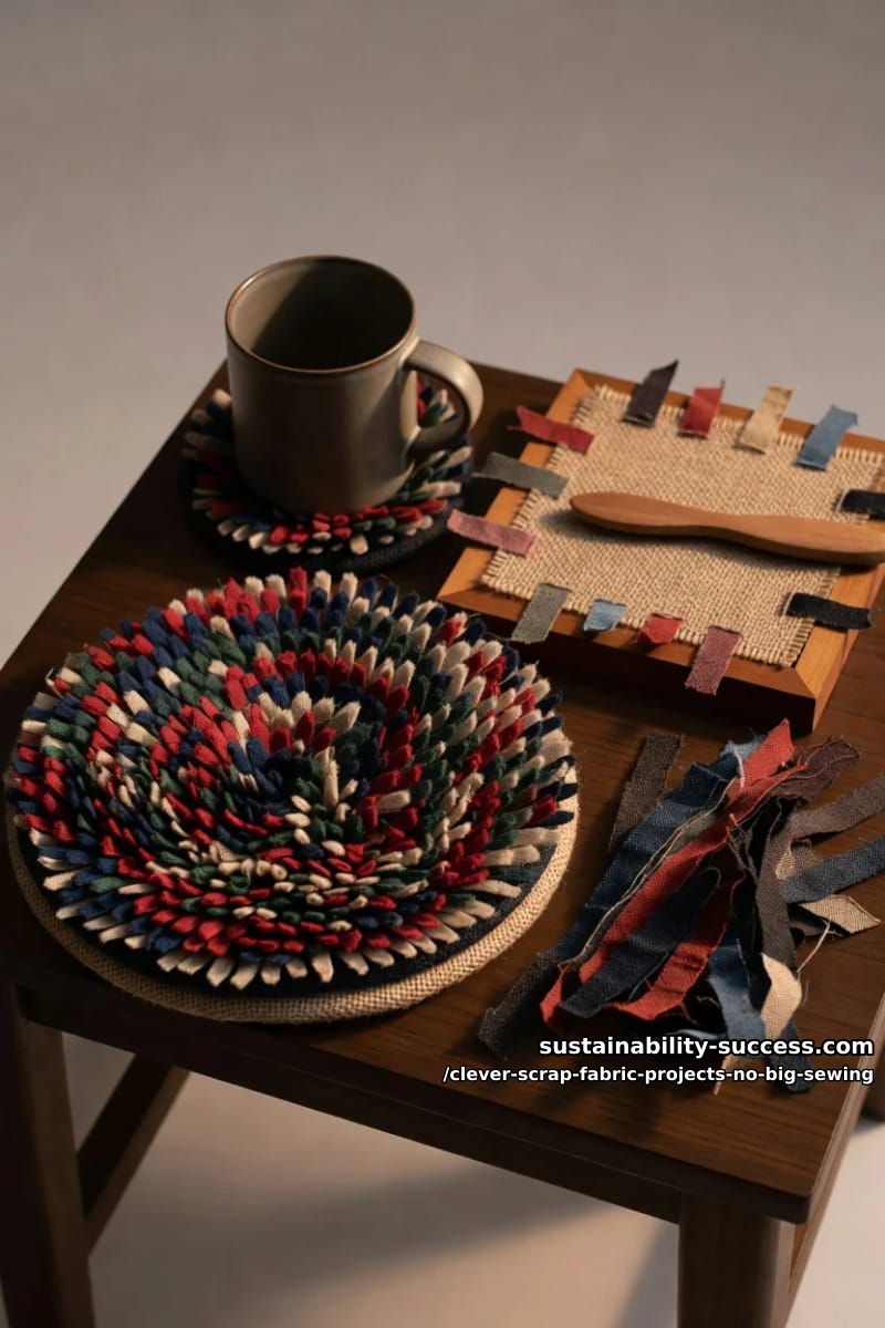12 Clever Scrap Fabric Projects With Almost No Sewing 25 a proddy coaster or chair pad from fabric strips 1