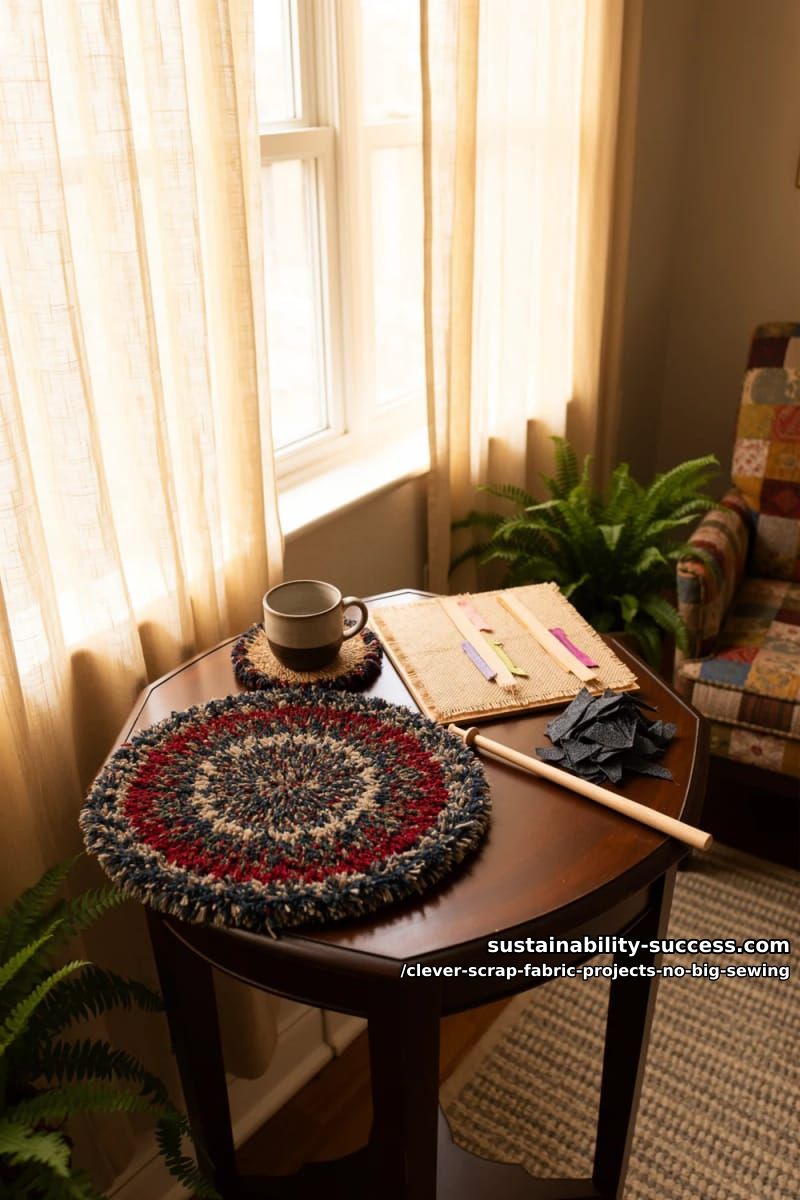 12 Clever Scrap Fabric Projects With Almost No Sewing 26 a proddy coaster or chair pad from fabric strips 1