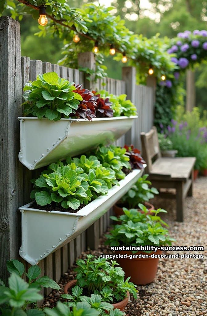 18 Upcycled Garden Decor and Planter Ideas, From Boot Planters to a Watering-Can Fountain 30 a rain gutter mounted as a salad trough 1