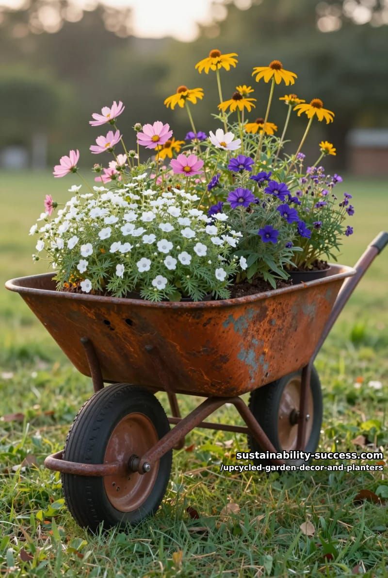 18 Upcycled Garden Decor and Planter Ideas, From Boot Planters to a Watering-Can Fountain 19 a rusted wheelbarrow as a rolling container bed 1