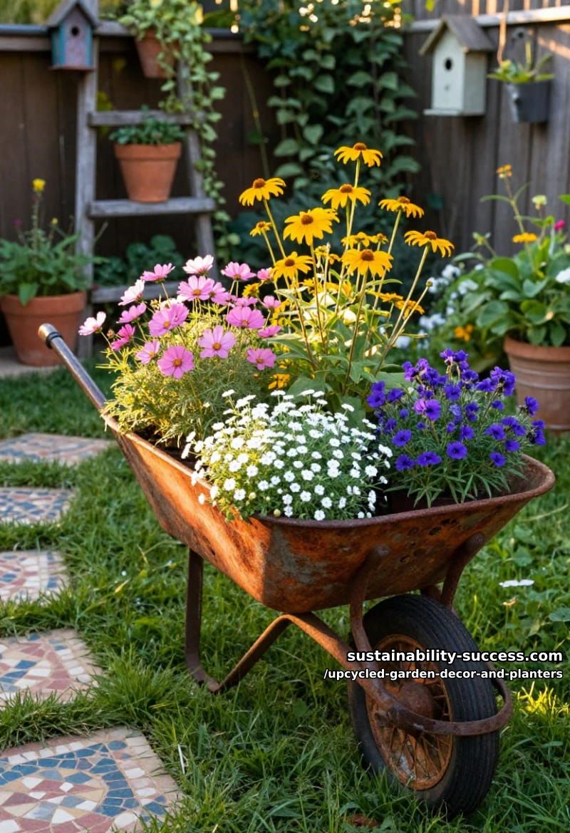 18 Upcycled Garden Decor and Planter Ideas, From Boot Planters to a Watering-Can Fountain 20 a rusted wheelbarrow as a rolling container bed 1