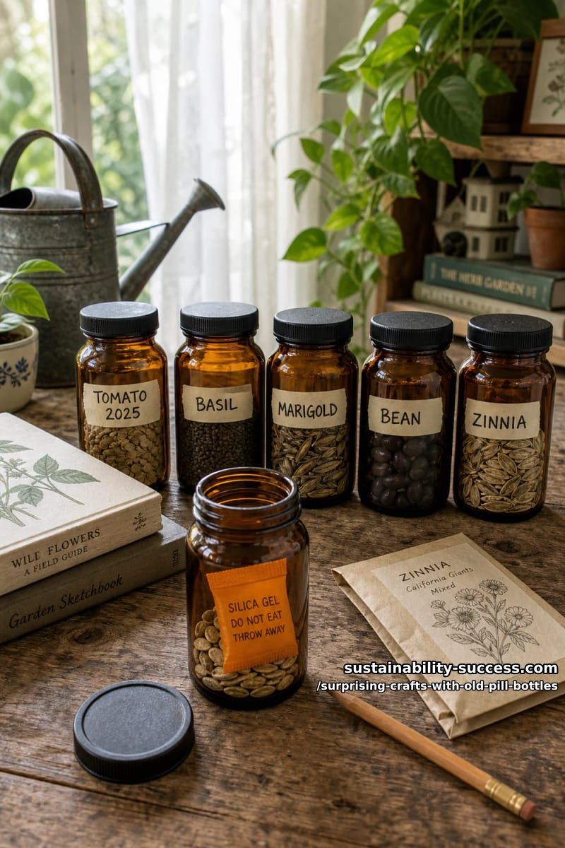 12 Surprising Crafts With Old Pill Bottles 11 a seed vault that puts the amber tint to work 1